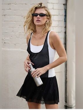 3714. FREE PEOPLE Downtown Drop Shot mini dress in White enlightened/ black NWT